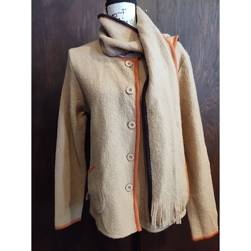 Tally Ho Sweater & Scarf Set Women's Medium Tan Orange Brown Wool Cardigan Fall